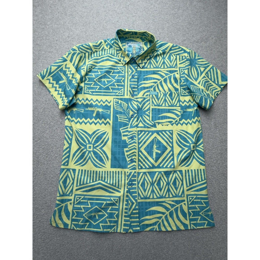 Retro Rifle Shirt Mens‎ Large Blue Yellow Rifle Print Hawaiian Button Up Stretch